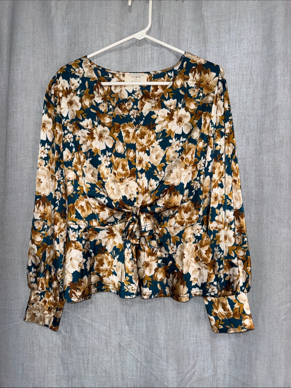 Flower & Feather Floral Tie-Front Peplum Blouse Teal Brown